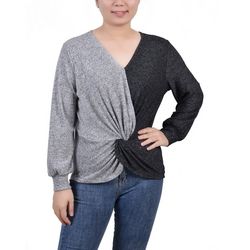 NY Collection Missy Long Sleeve Twist Front Colorblocked Top