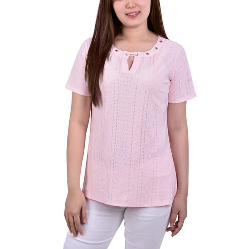 NY Collection Womens Grommet Neckline Eyelet Knit Top