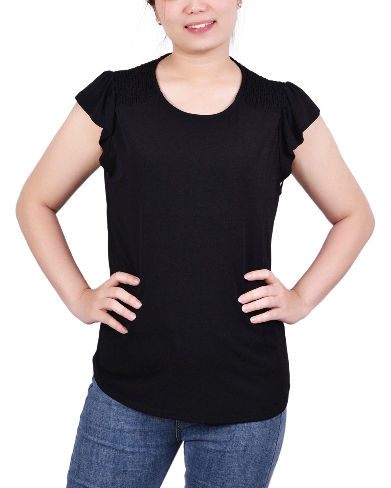 NY Collection Womens Smocked Shoulder Flutter Sleeve Top
