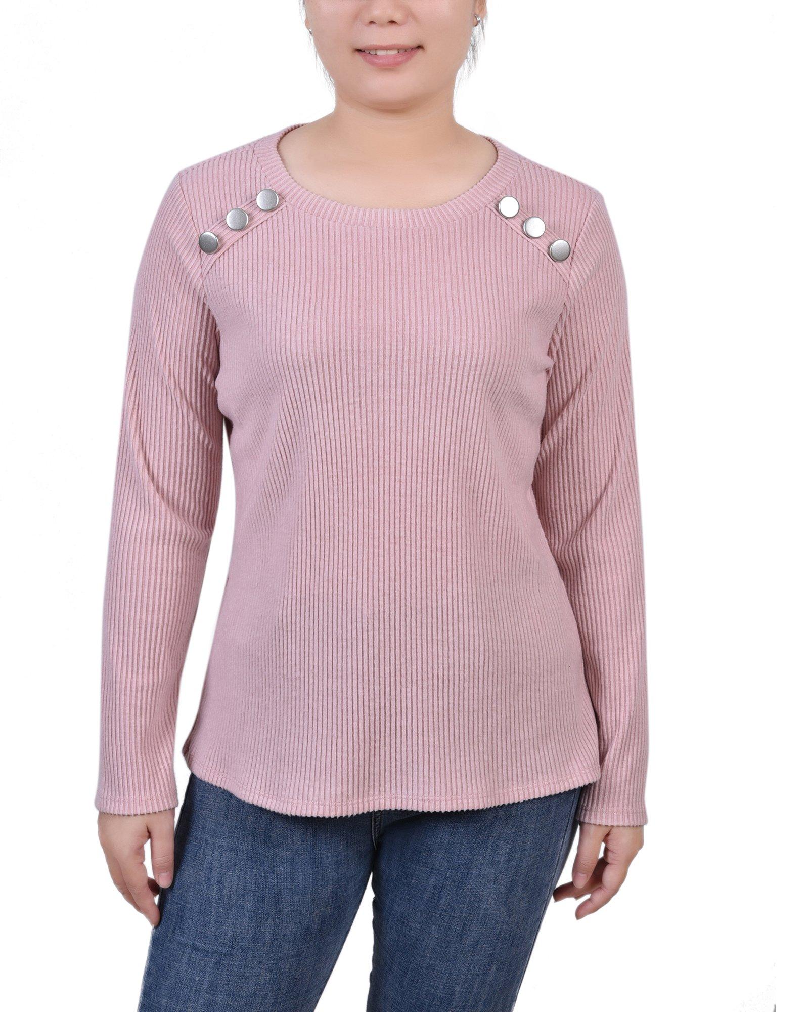 NY Collection Womens Long Sleeve Ribbed Button Detail Top