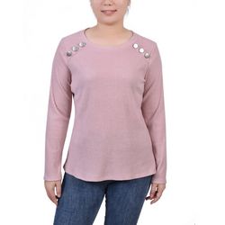 NY Collection Womens Long Sleeve Ribbed Button Detail Top