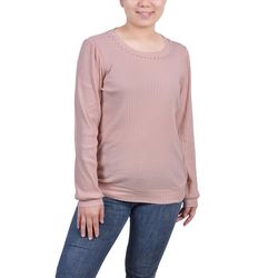 NY Collection Womens Long Sleeve Ribbed Pearl Trimmed Top