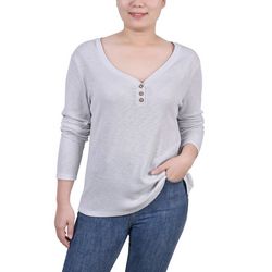 NY Collection Womens Missy Long Sleeve Ribbed Henley Top