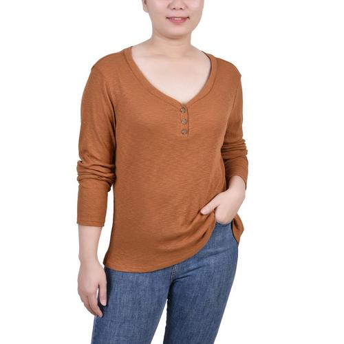 NY Collection Womens Missy Long Sleeve Ribbed Henley