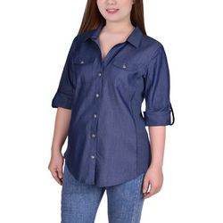 NY Collection Womens Roll Tab Denim Blouse With Rib Insets