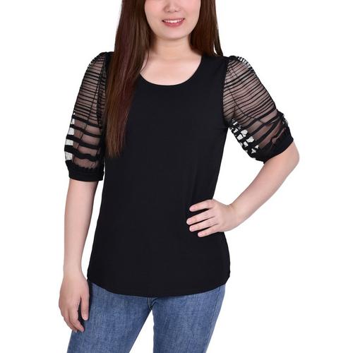 NY Collection Womens Elbow Burnout Sleeve Crepe Top