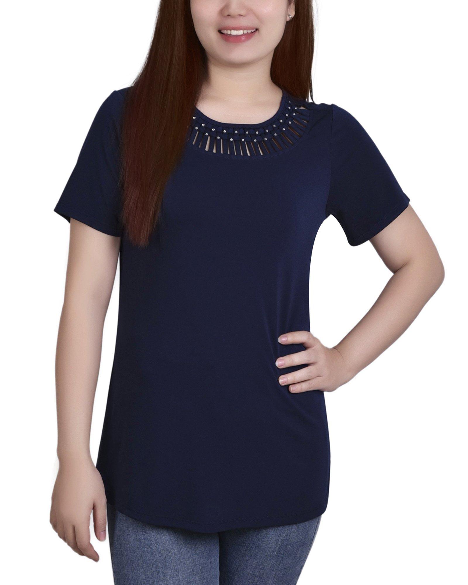 NY Collection Womens Embellished Short Sleeve Top