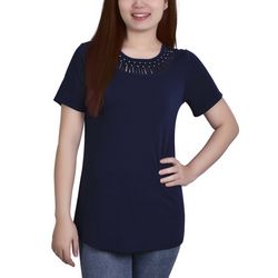 NY Collection Womens Embellished Short Sleeve Top