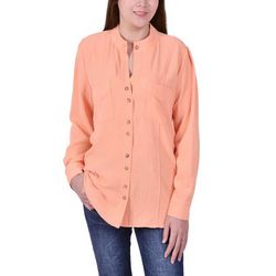 NY Collection Womens L/S  Button Mandarin Collar Blouse