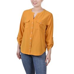 NY Collection 3/4 Sleeve Roll Tab Y Neck Blouse