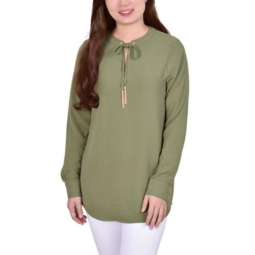 NY Collection Womens Long Sleeve Tie Neck Blouse
