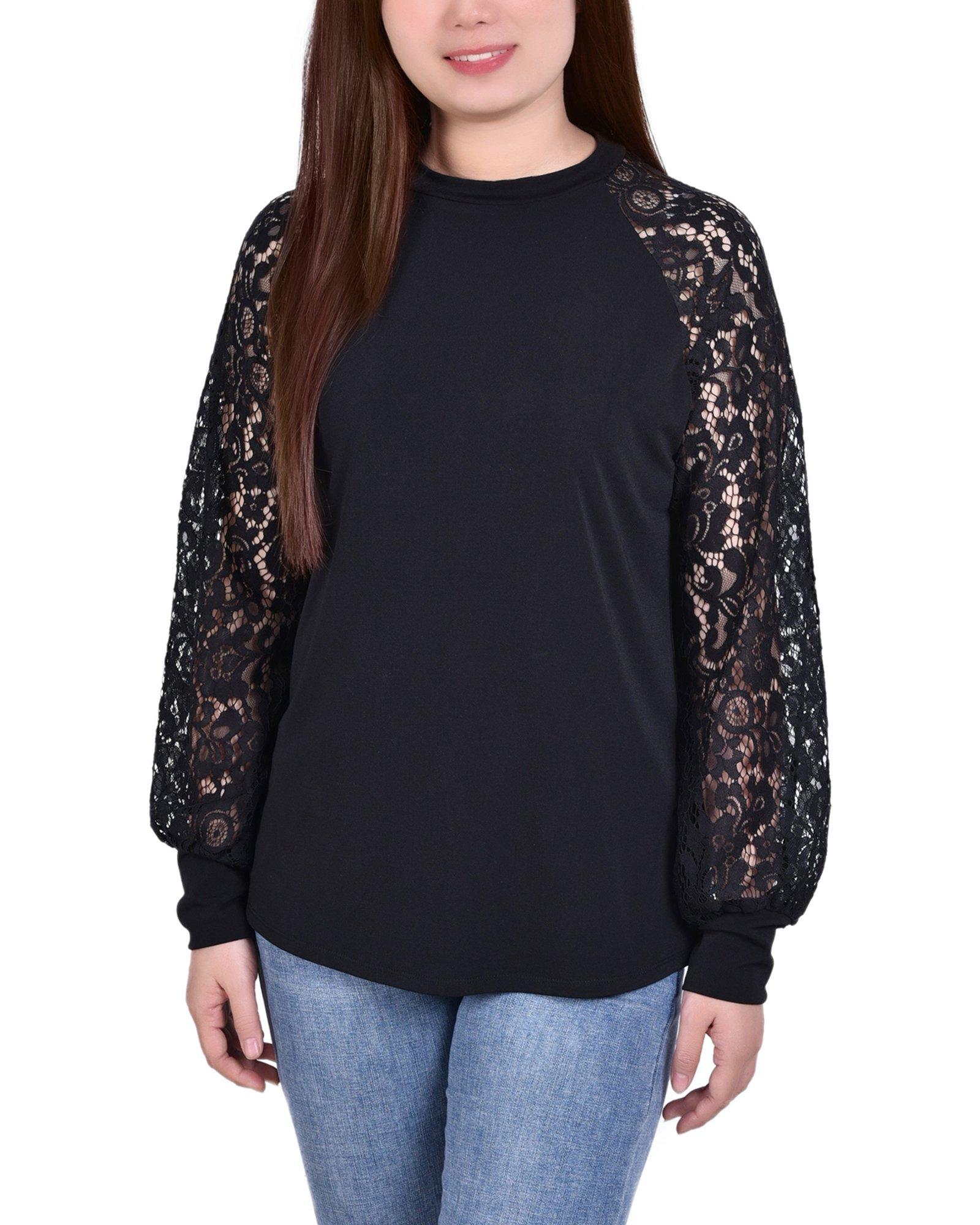 NY Collection Womens Lace Balloon Sleeve Blouse