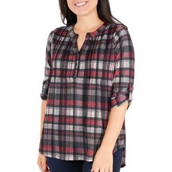NY Collection Womens Plaid Pintuck Henley Top