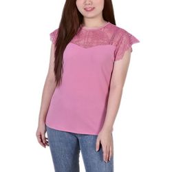 NY Collection Womens Crepe Knit Top With Lace Sleeves