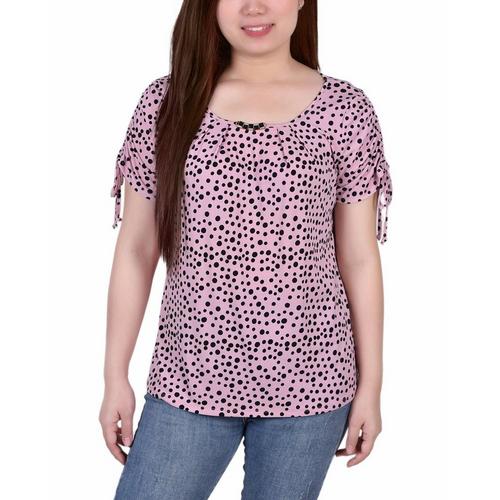 NY Collection Womens Short Ruched Sleeve Top With