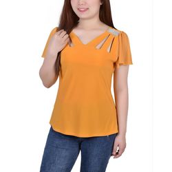 NY Collection Womens Short Flutter Sleeve Top With Cutouts