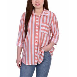 NY Collection Womens Long Sleeve Striped Blouse