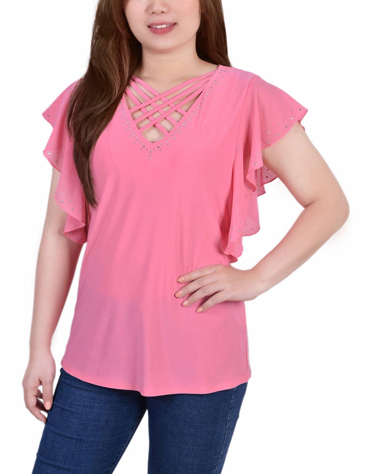 NY Collection Womens Flutter Sleeve Criss Cross Top