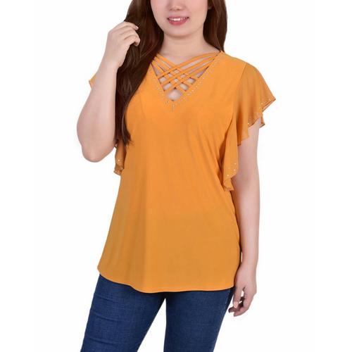 NY Collection Womens Flutter Sleeve Criss Cross Top