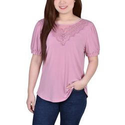 NY Collection Womens Short Puff Sleeve Top With Lace