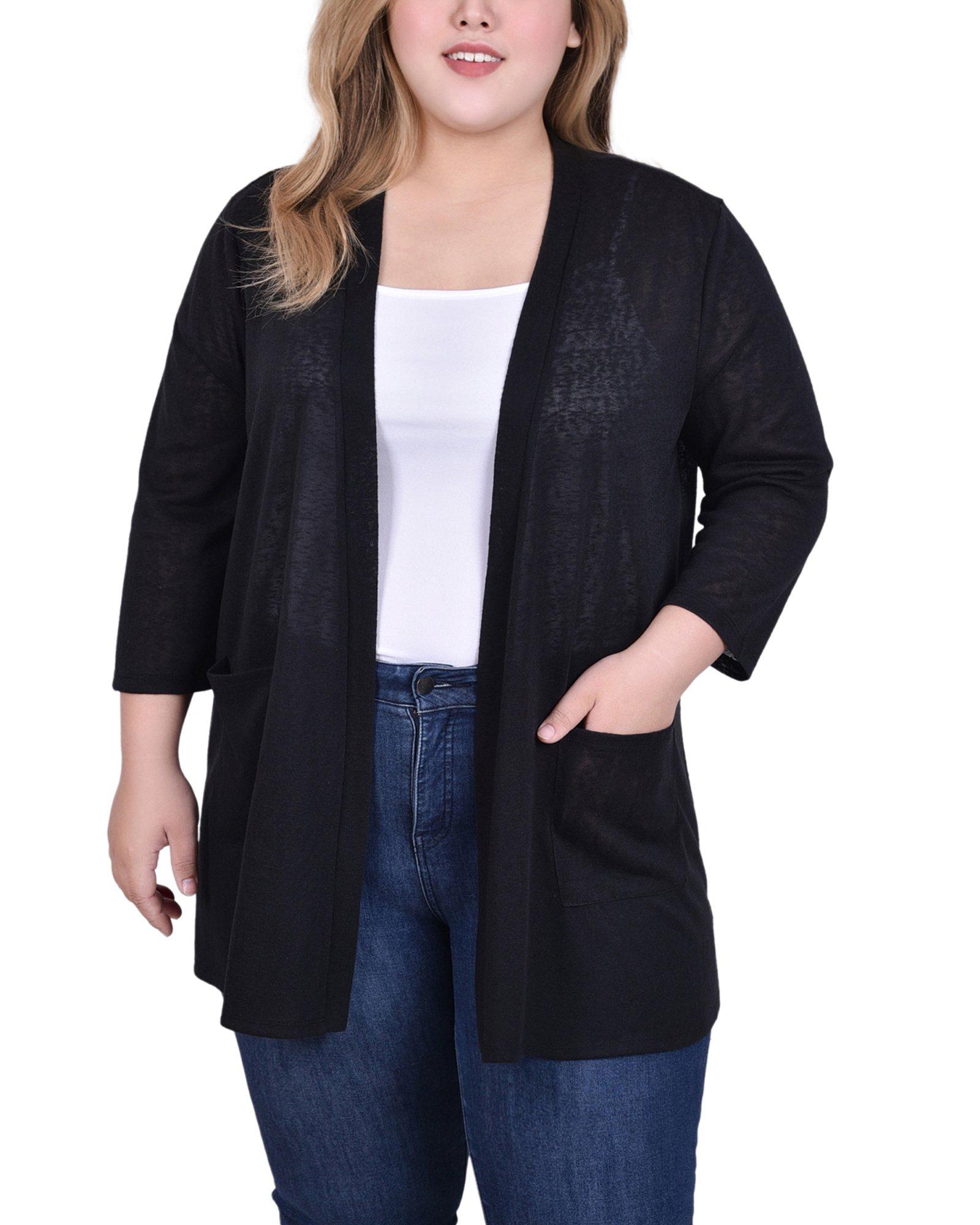 NY Collection Womens 3/4 Sleeve Two Pocket Cardigan