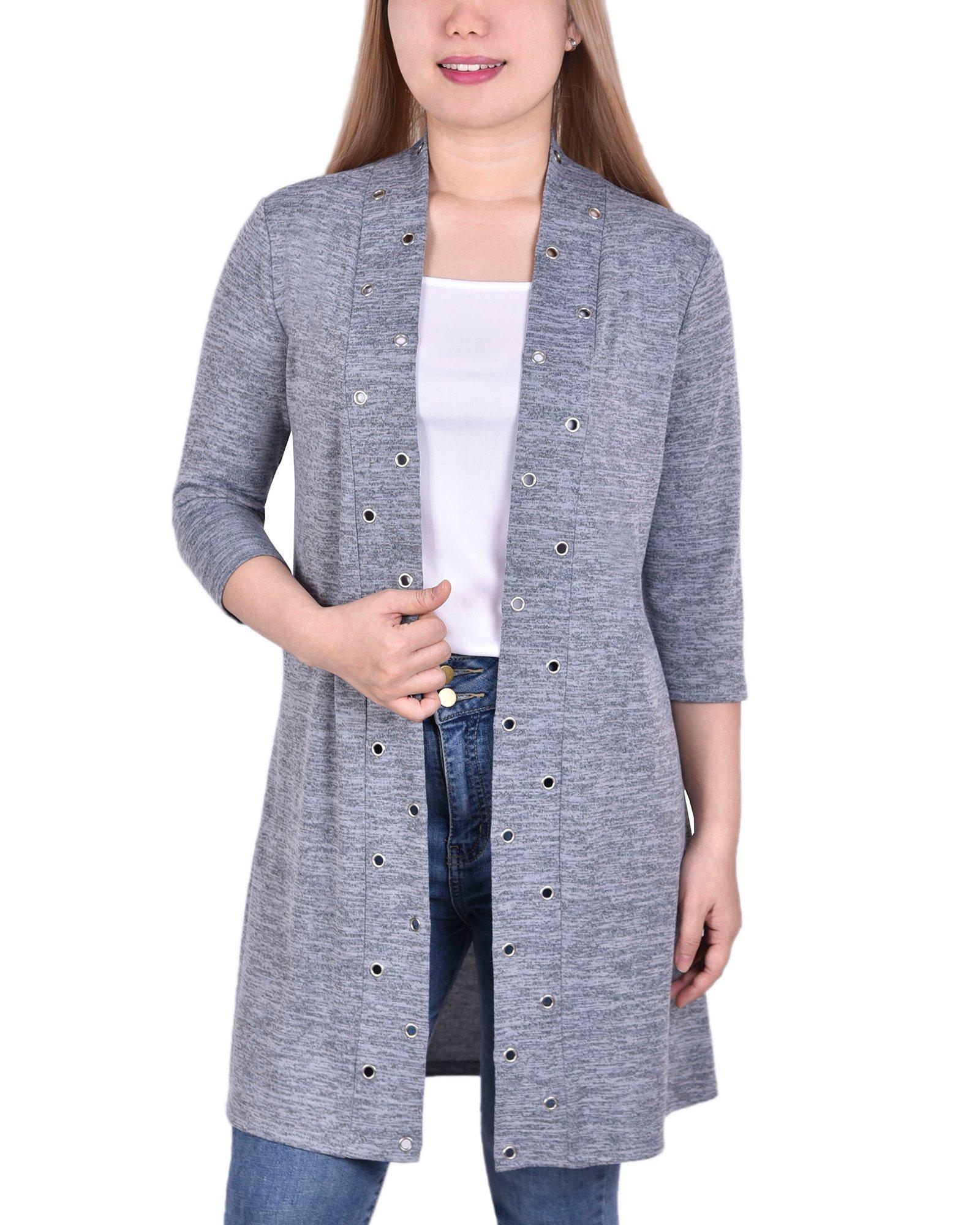NY Collection Womens 3/4 Sleeve Grommet Front Cardigan