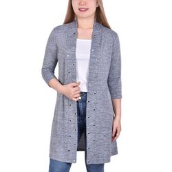 NY Collection Womens 3/4 Sleeve Grommet Front Cardigan