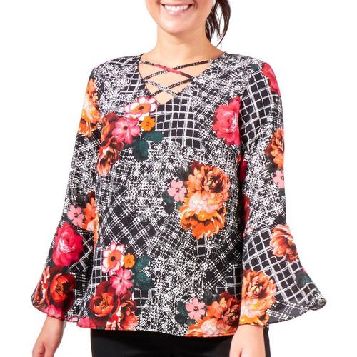 NY Collection Womens Printed Bell Sleeve Top