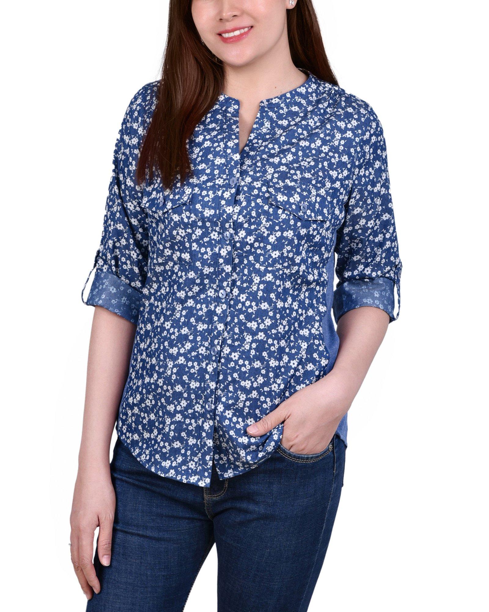 NY Collection Petite Ditzy Floral Denim Blouse