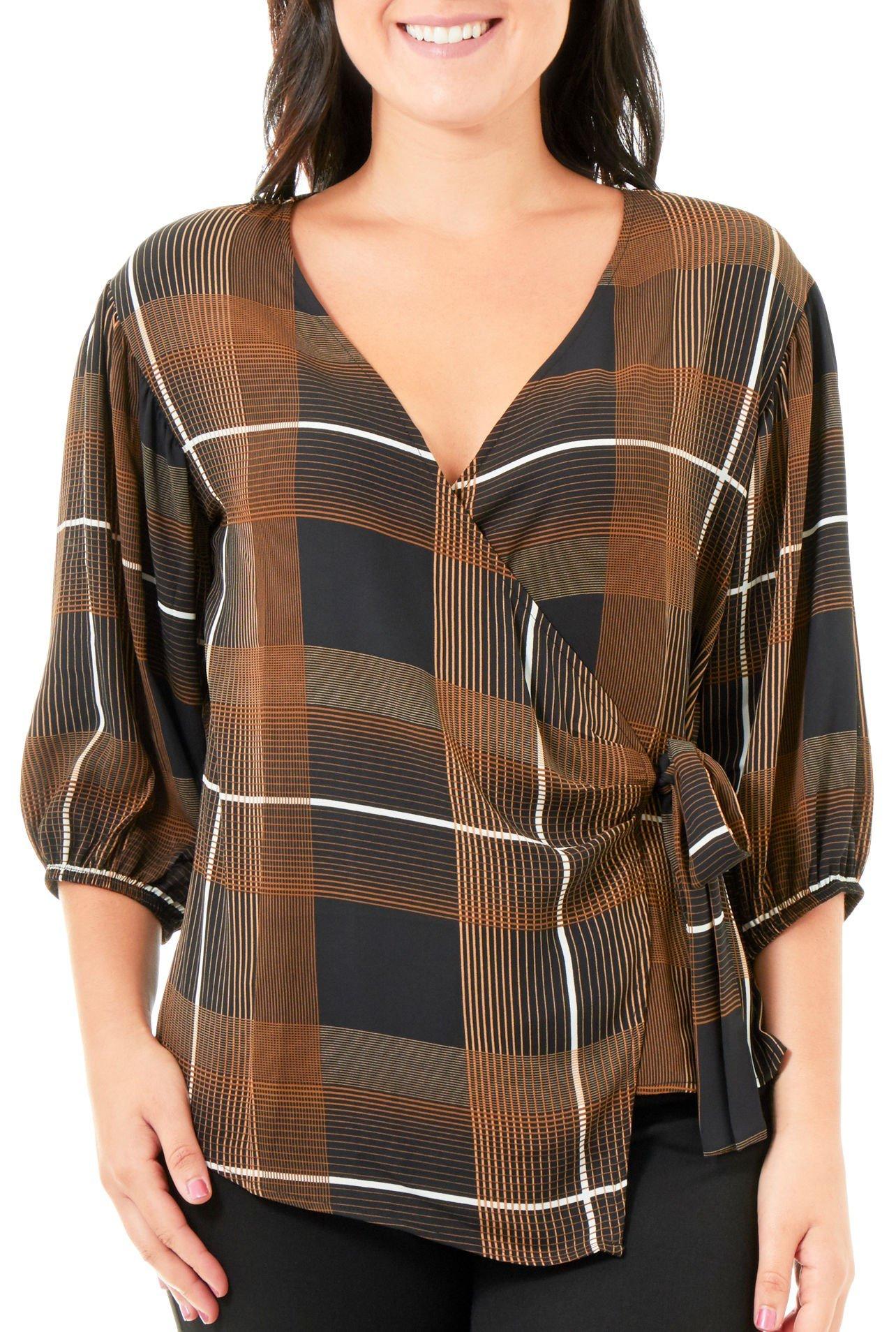 NY Collection Petite Plaid Baloon Sleeve Wrap Top