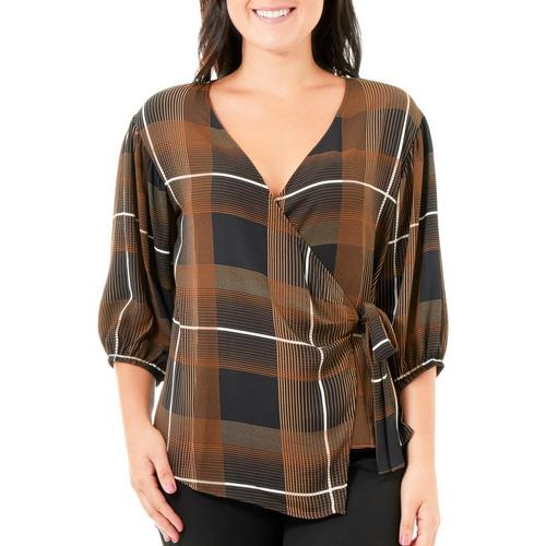 NY Collection Petite Plaid Baloon Sleeve Wrap Top
