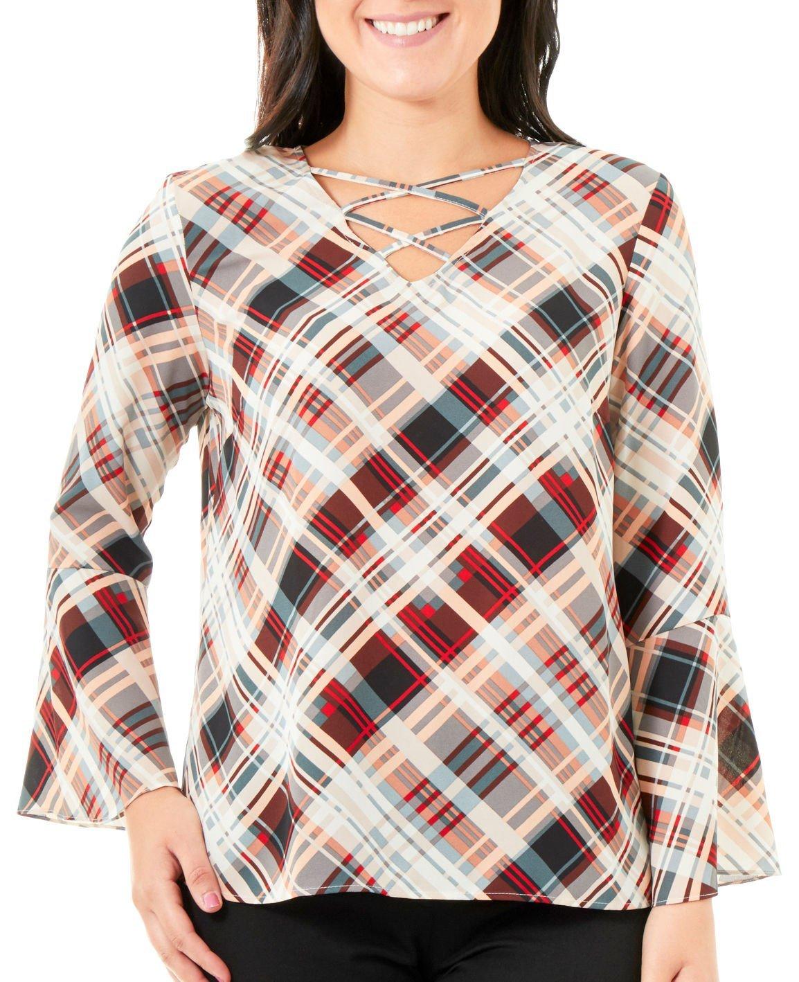 NY Collection Petite Plaid Lace-Up Bell Sleeve Top