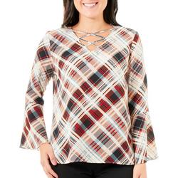 Petite Plaid Lace-Up Bell Sleeve Top
