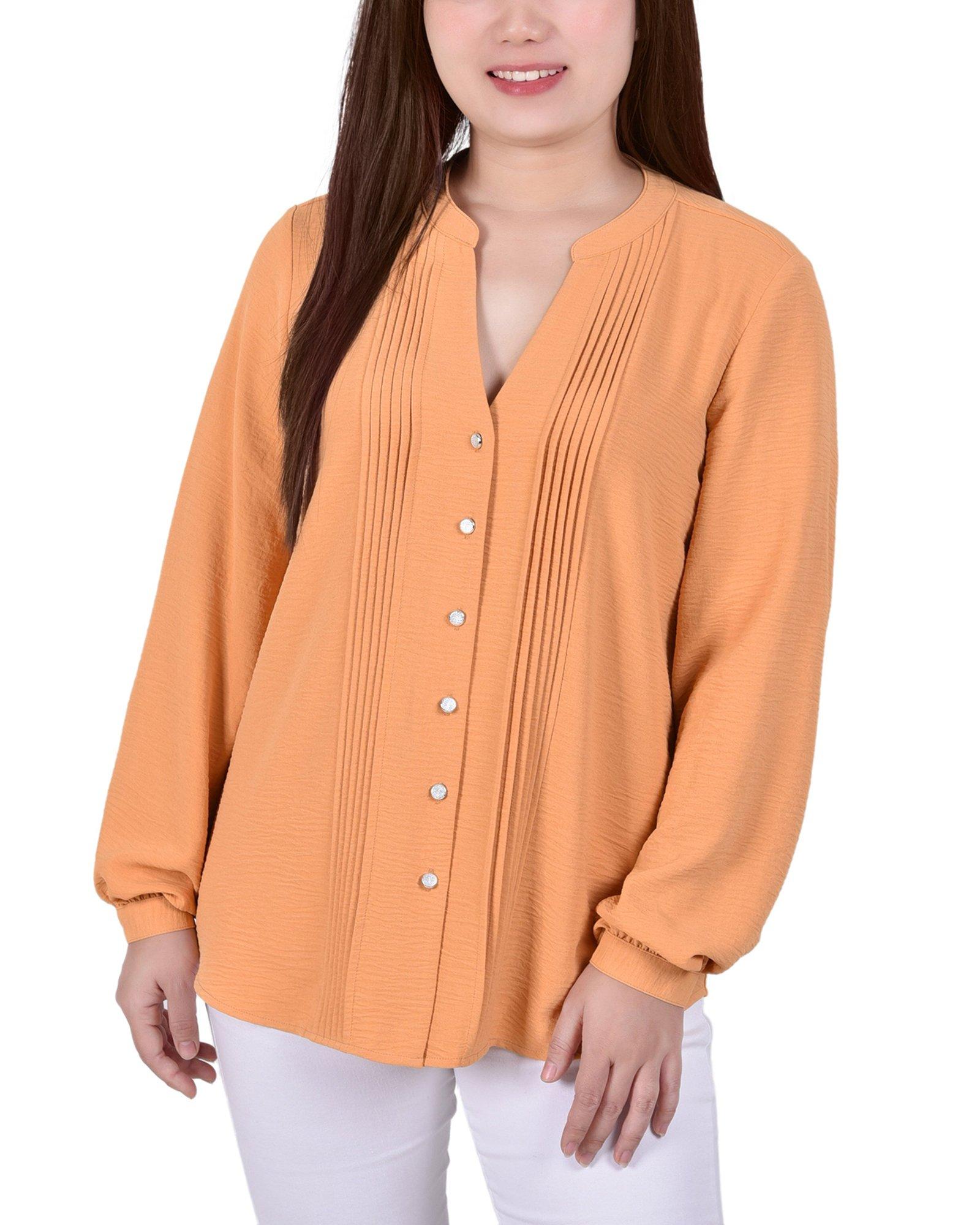 NY Collection Petite Long Sleeve Pintuck Front Blouse