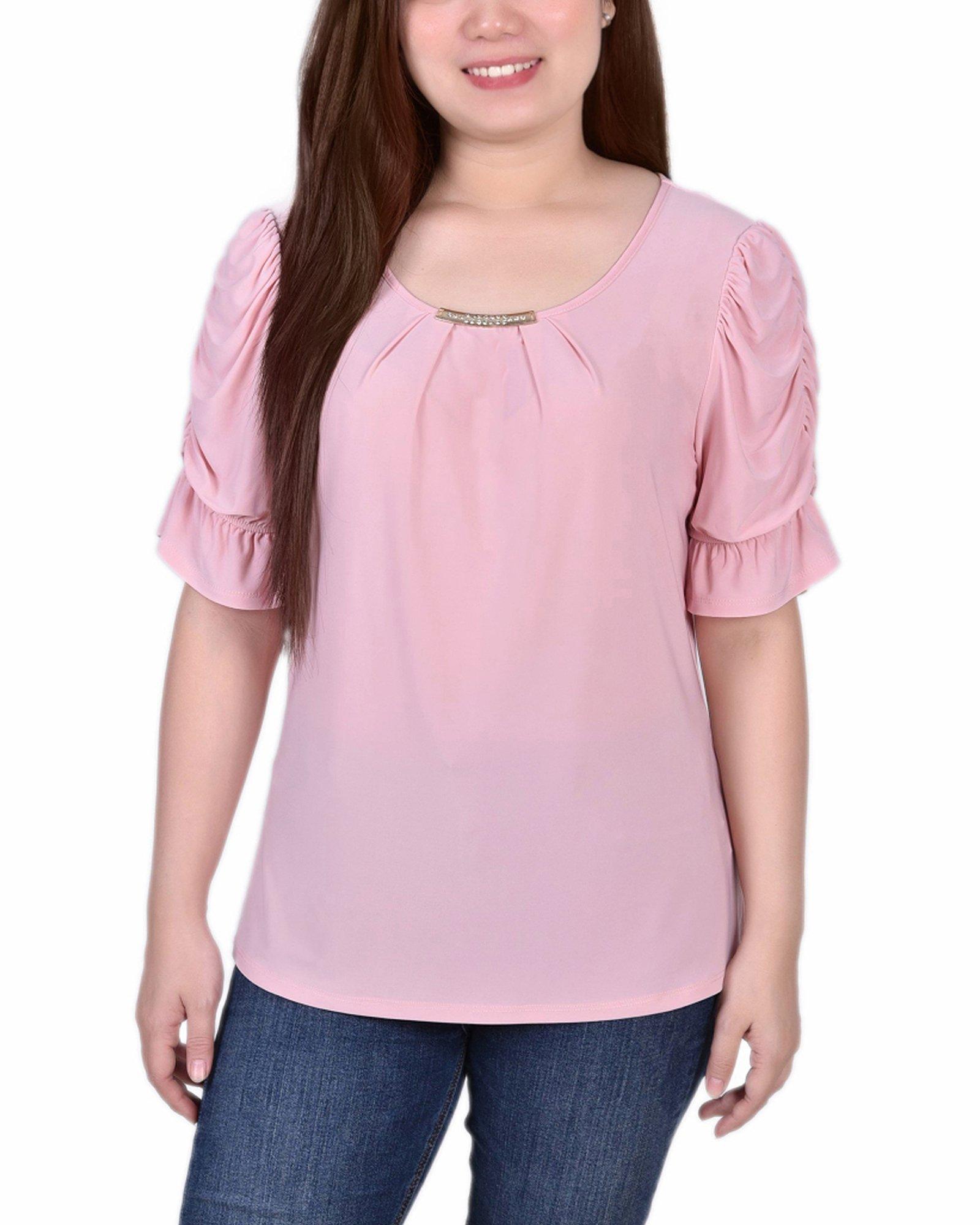 NY Collection Petite Elbow Cuffed Sleeve Hardware Top