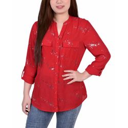 NY Collection Petite 3/4 Sleeve Roll Tab Blouse