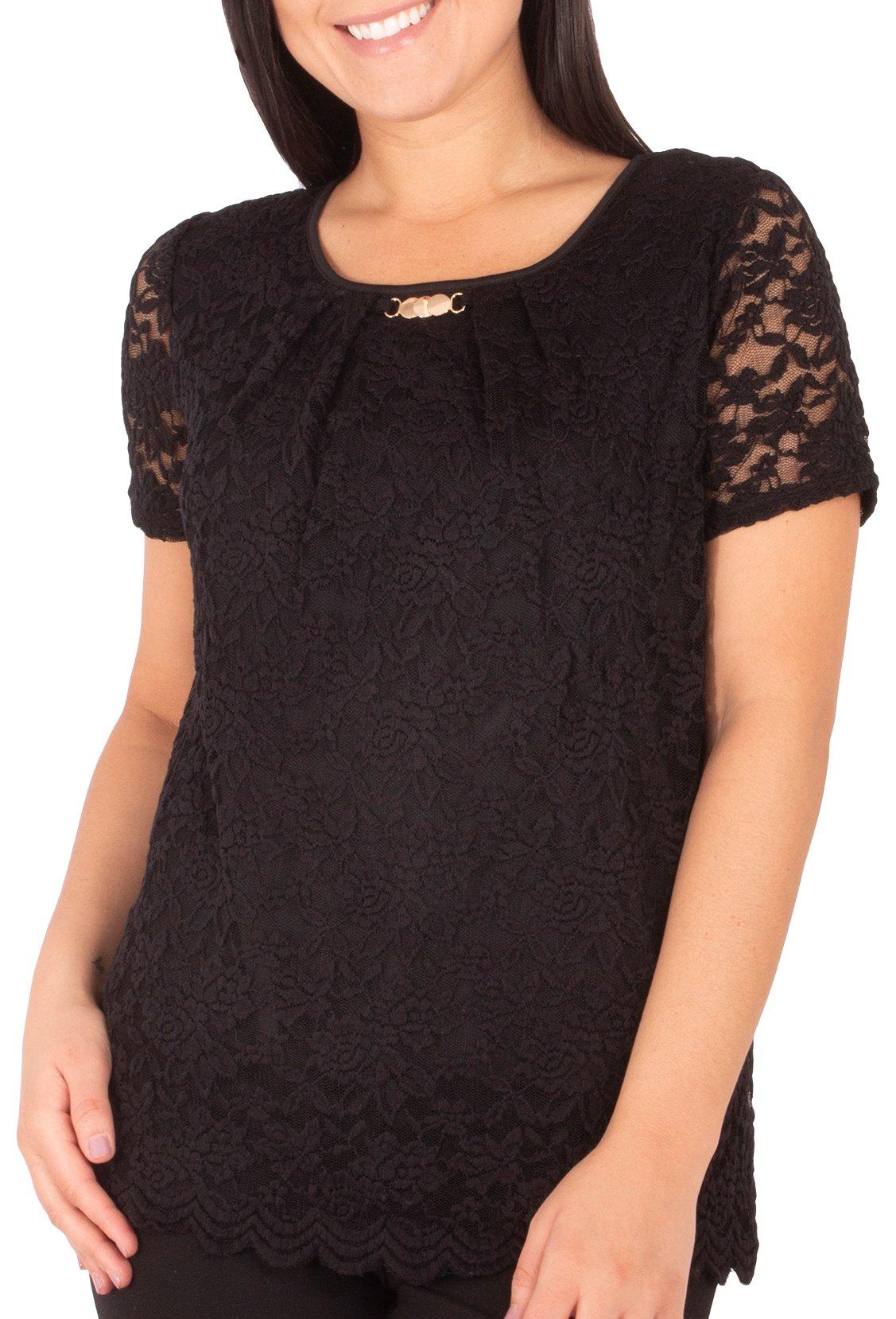 NY Collection Petite Jewel Neck Lace Short Sleeve Top