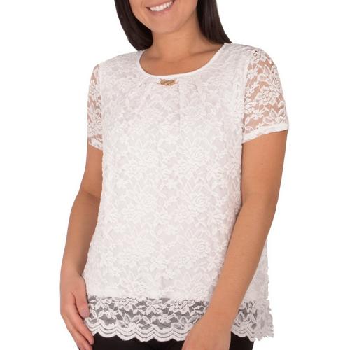 NY Collection Petite Jewel Neck Lace Short Sleeve