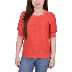 NY Collection Petite Short Puff Sleeve Honeycomb Top