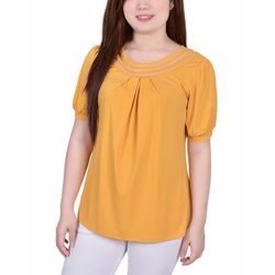 NY Collection Petite Short Puff Sleeve Sheer Inset Top