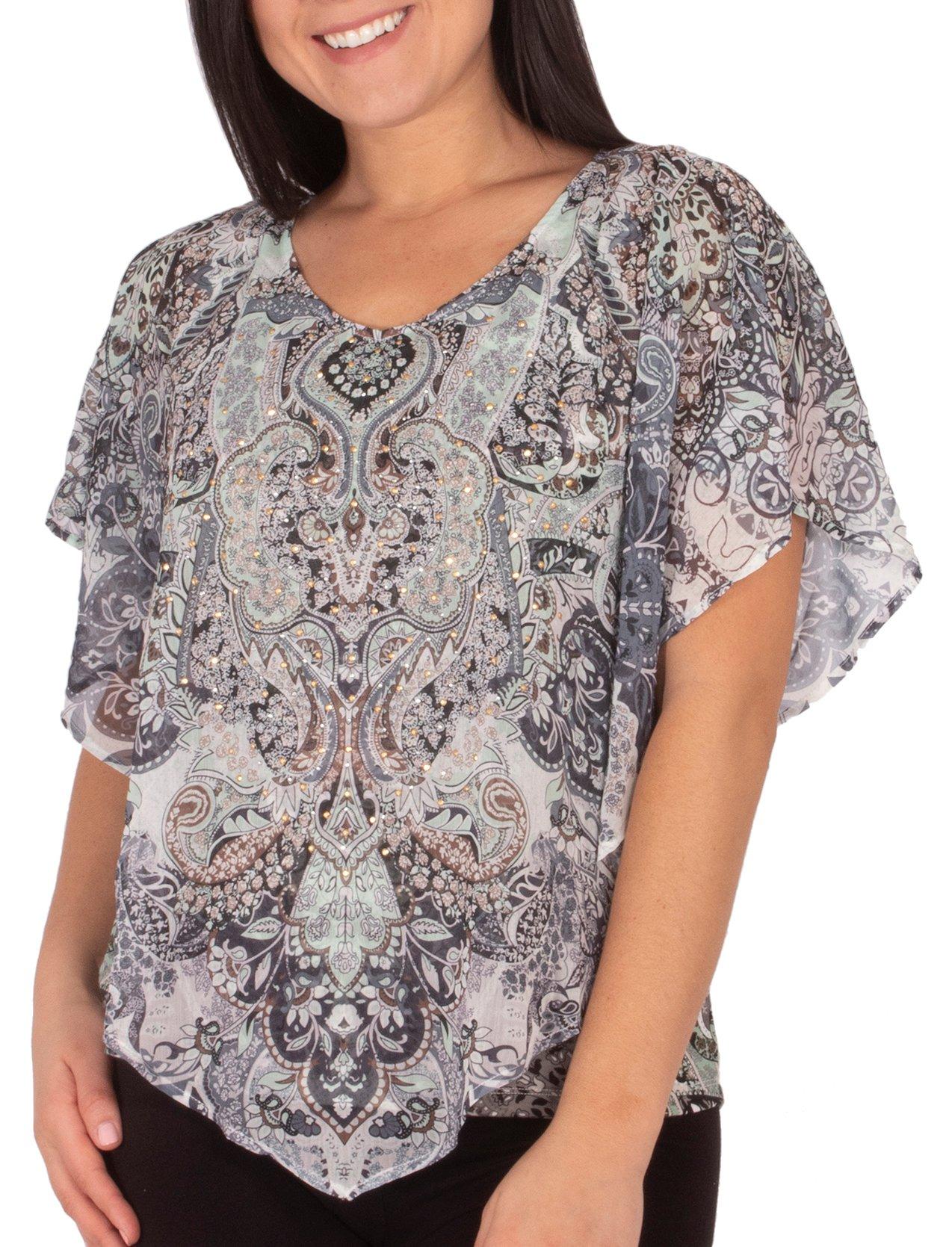 NY Collection Petite Paisley Hardware Poncho Top