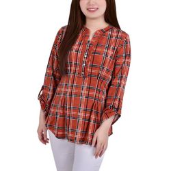 NY Collection Petite 3/4 Roll Tab Sleeve Plaid Y Neck Top