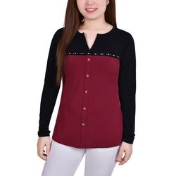 NY Collection Womens L/S Studded Colorblock Split Neck Top