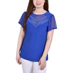NY Collection Womens Studded Flutter Sleeve Mesh Detail Top