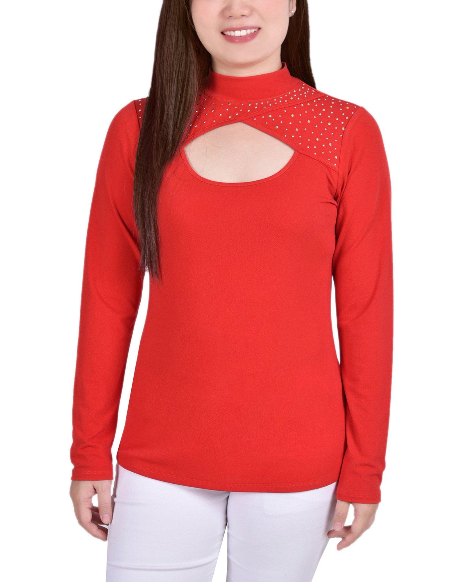 NY Collection Womens Long Sleeve Studded Mock Neck top