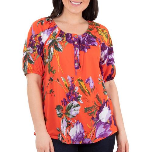 NY Collection Petite Floral Scoon neck Peasant Top