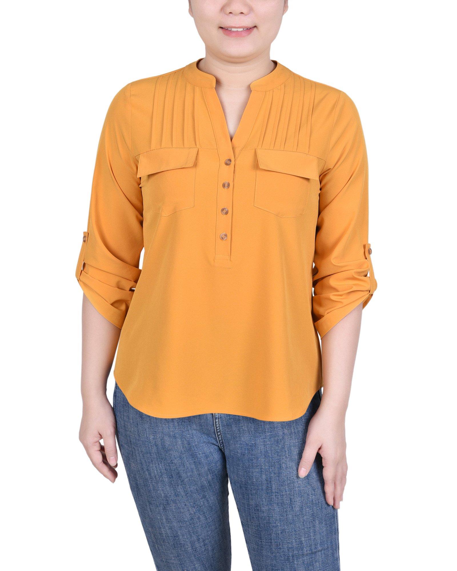 NY Collection Womens Long Tab-Sleeve Blouse With Pockets