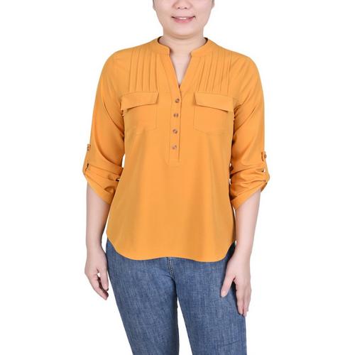 NY Collection Womens Long Tab-Sleeve Blouse With Pockets