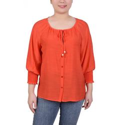 Womens Petite 3/4 Sleeve Button Front Blouse