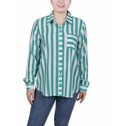 NY Collection Womens Petite Long Sleeve Striped Blouse